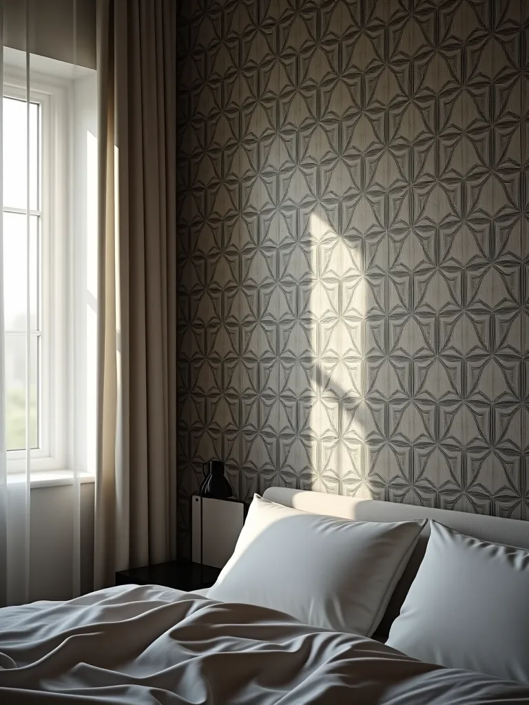 Precise alignment of patterned wallpaper in bedroom