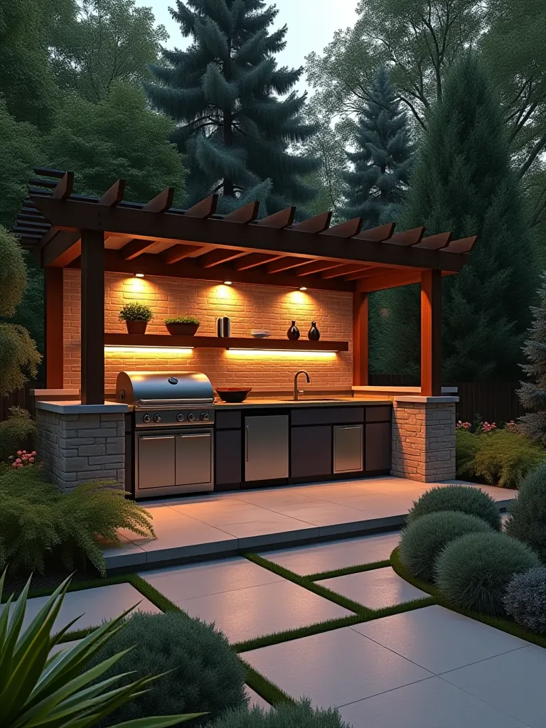 Rendered outdoor kitchen seamlessly integrated with landscape