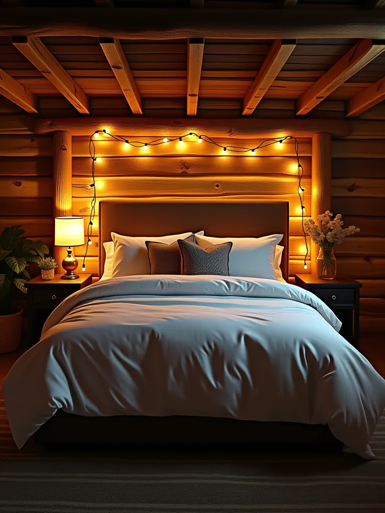 Rustic bedroom with wooden beams and string lights