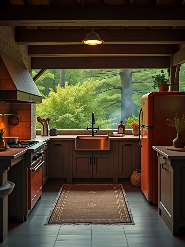 Rustic outdoor kitchen with wood fired oven in forest setting