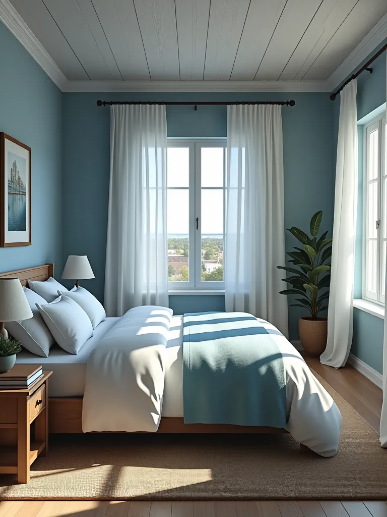 Serene beach inspired bedroom with airy curtains