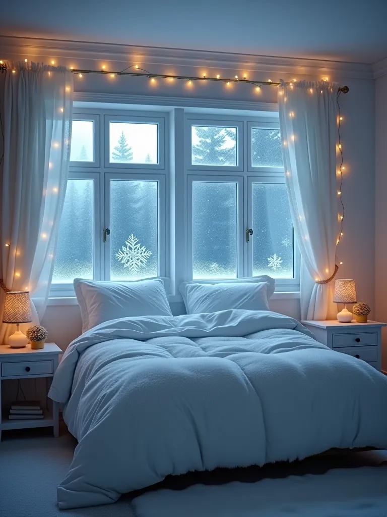 Serene winter bedroom with white and blue decor