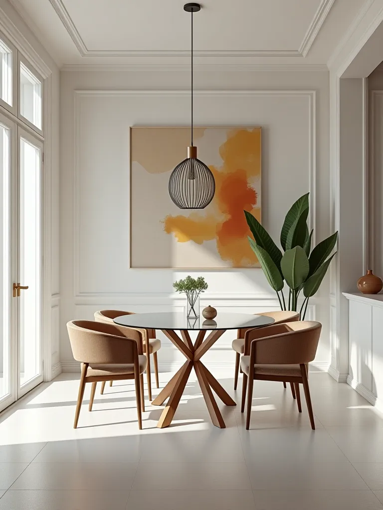 Small dining area with white walls and large artwork