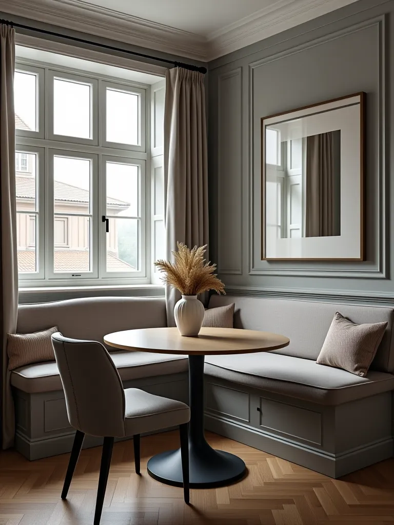 Small dining nook with gray walls and large mirror