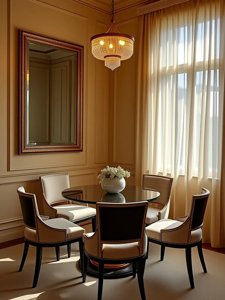Small dining room with beige walls and framed mirrors