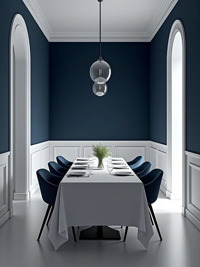 Small dining room with contrasting navy and white walls