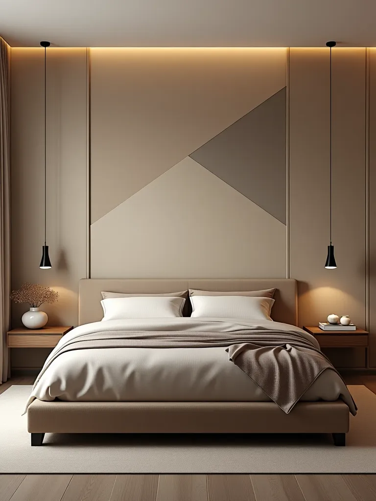 Spacious looking bedroom with modern geometric wallpaper