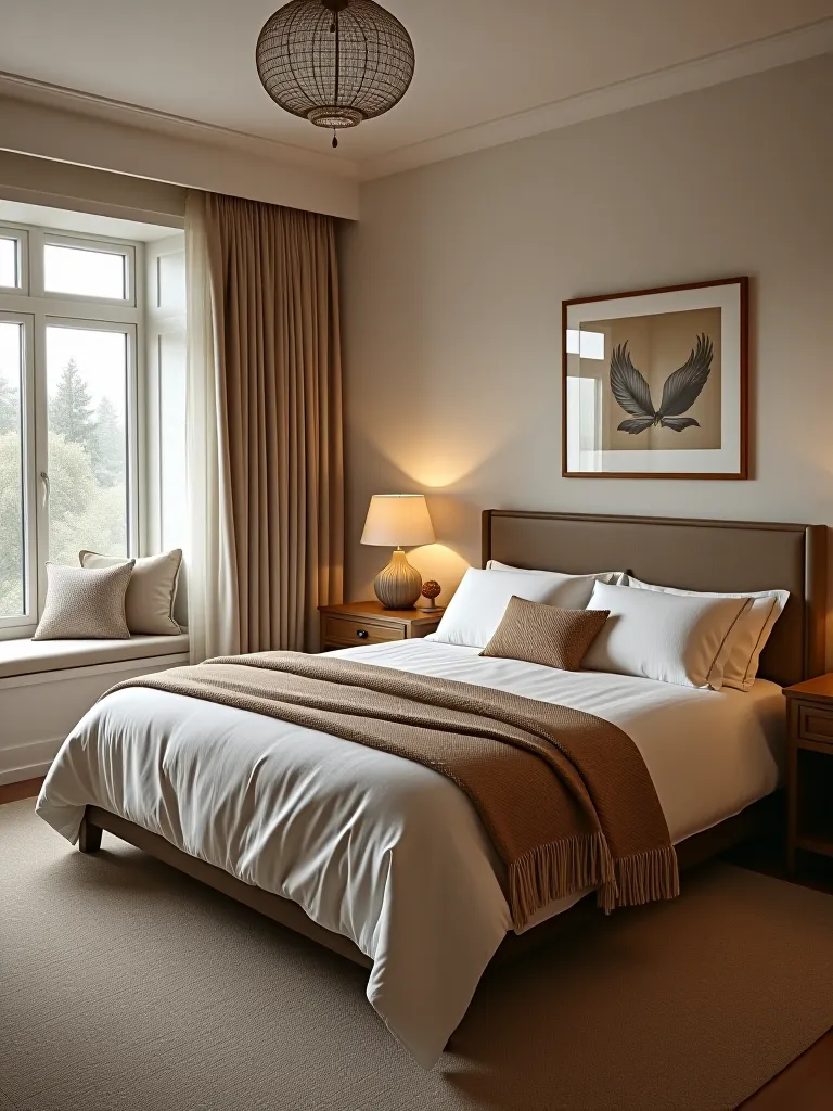 Versatile neutral bedroom with seasonal accent potential