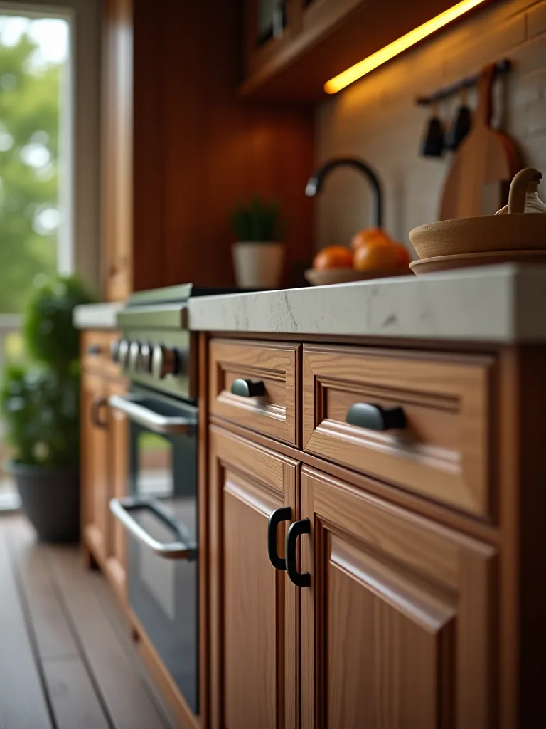 Weather resistant outdoor kitchen cabinets with wood grain finish