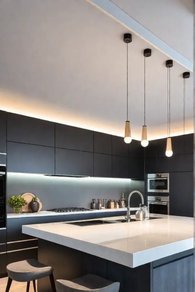 contemporary kitchen with mixed color temperature lighting