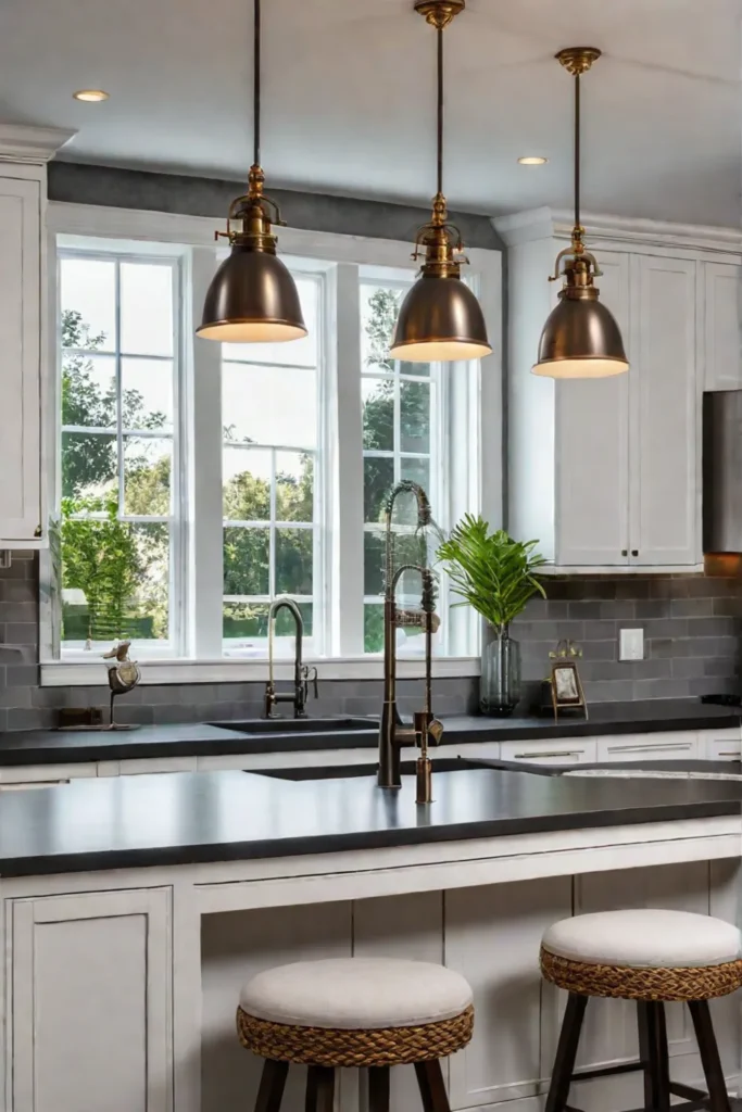 eclectic kitchen with vintage and modern lighting