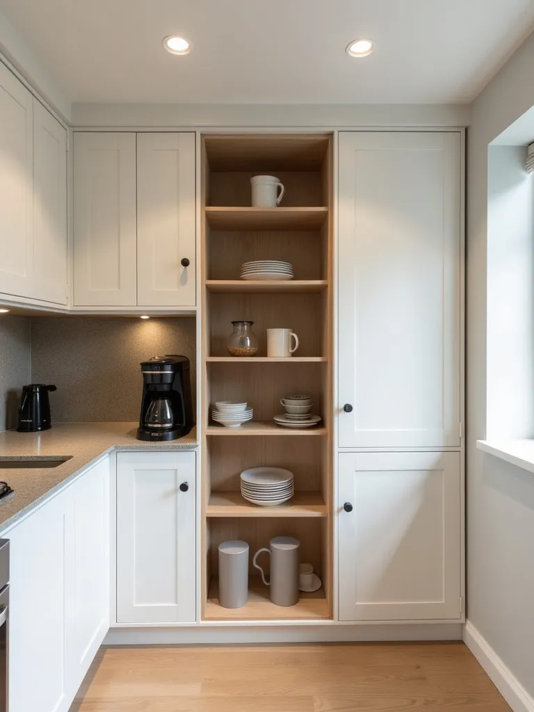Angled view of L shaped kitchen revealing coffee station and concealed pantry door