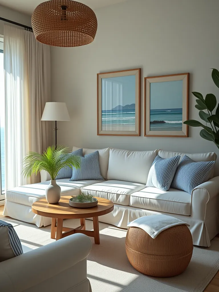 Beach inspired living room with blue accents and seascape prints