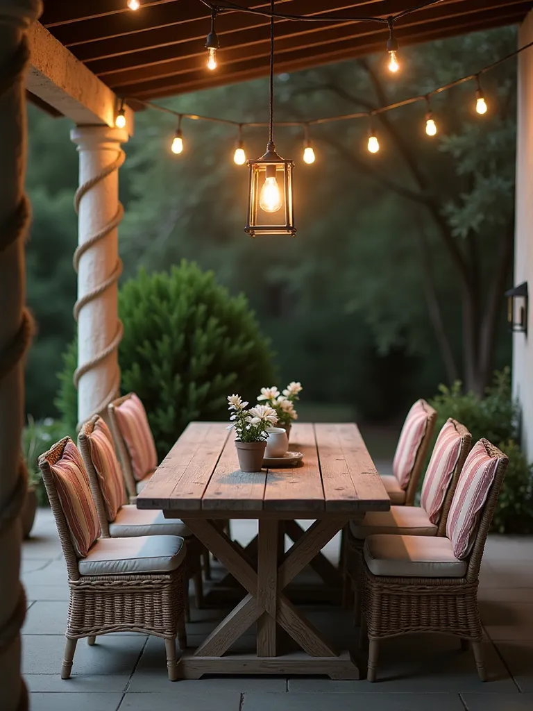 Beach inspired outdoor area with nautical lighting elements and weathered furniture