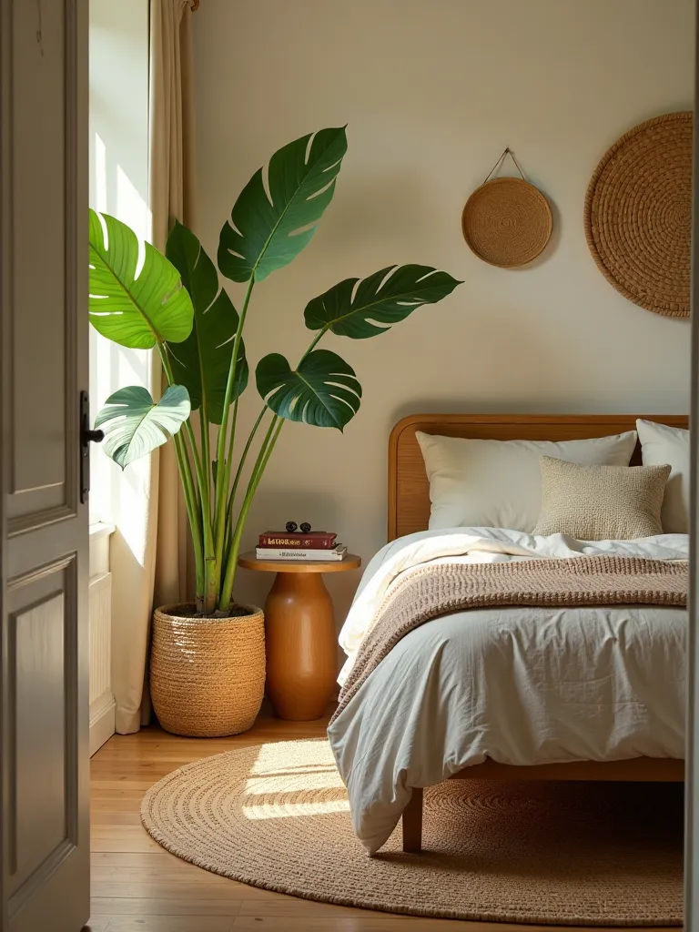 Bohemian bedroom with large monstera plant and rattan furniture