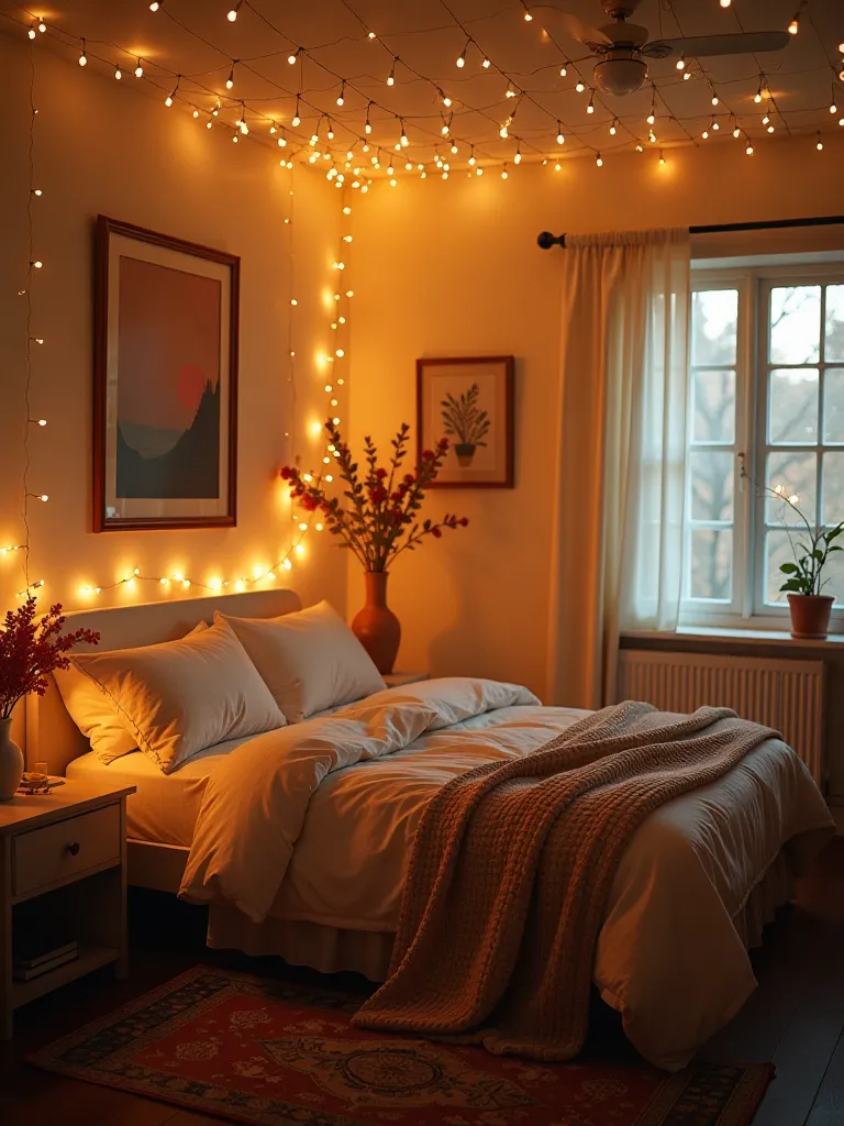 Bohemian bedroom with string light canopy creating magical ambiance