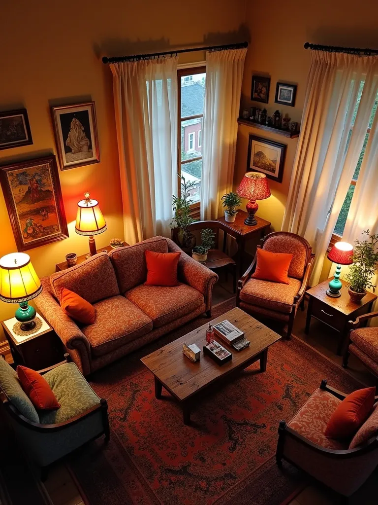 Bohemian living room with colorful, mismatched table lamps viewed from above
