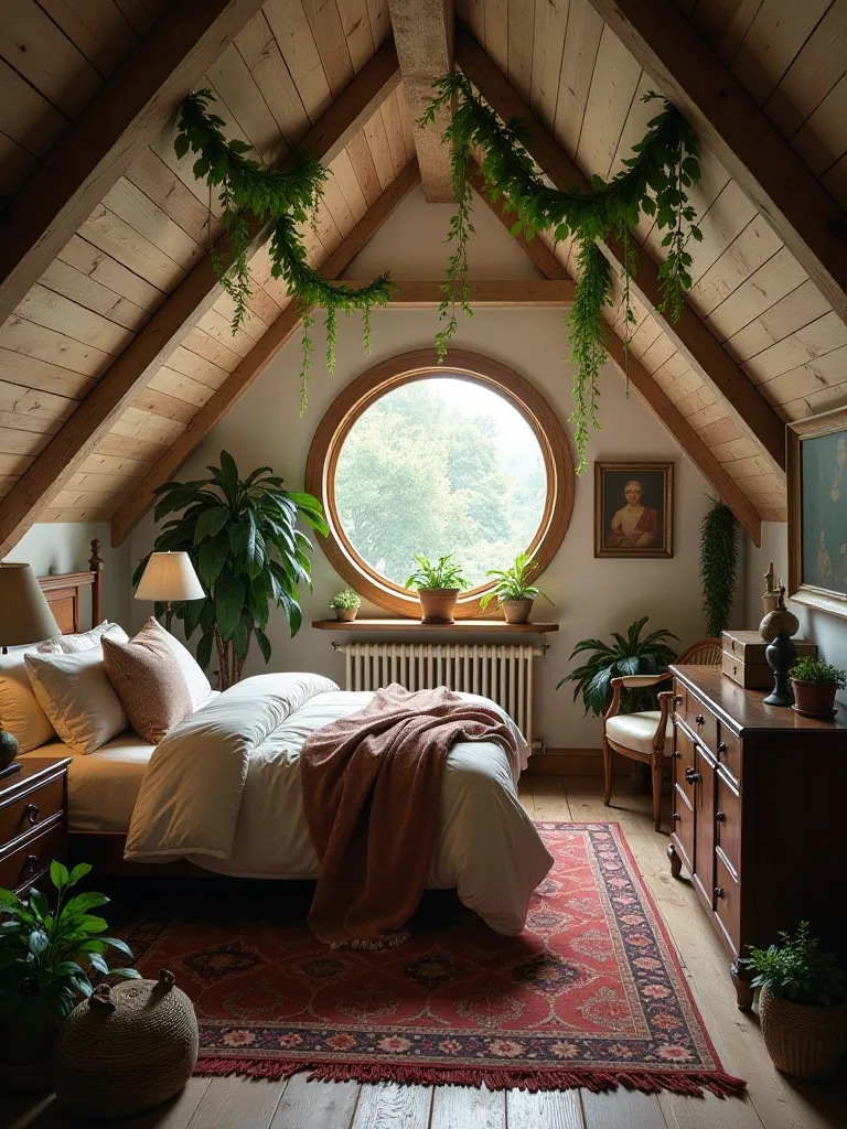 Boho attic bedroom with hanging ferns and circular window