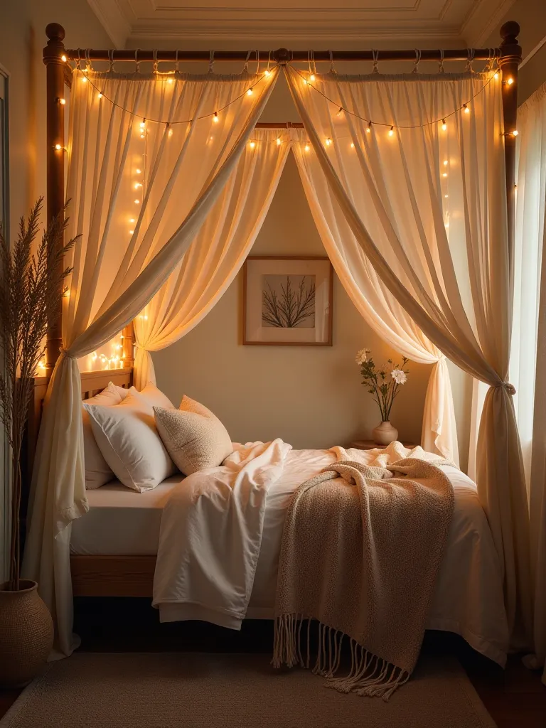 Boho bedroom alcove with canopy bed draped in sheer fabric and fairy lights