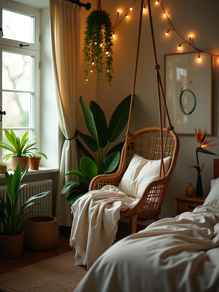 Boho bedroom corner with hanging chair and cascading plants