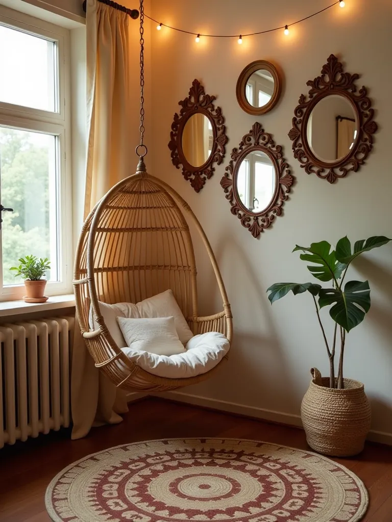 Boho bedroom corner with hanging chair, rugs, and vintage mirrors