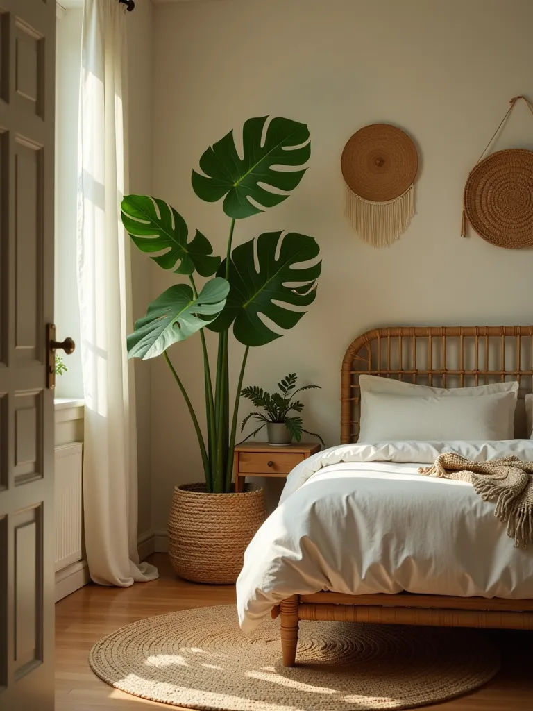 Boho bedroom featuring monstera plant and natural textures