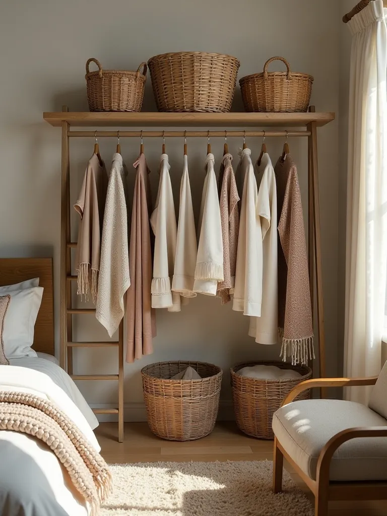 Boho bedroom storage with open shelves, baskets, and blanket ladder