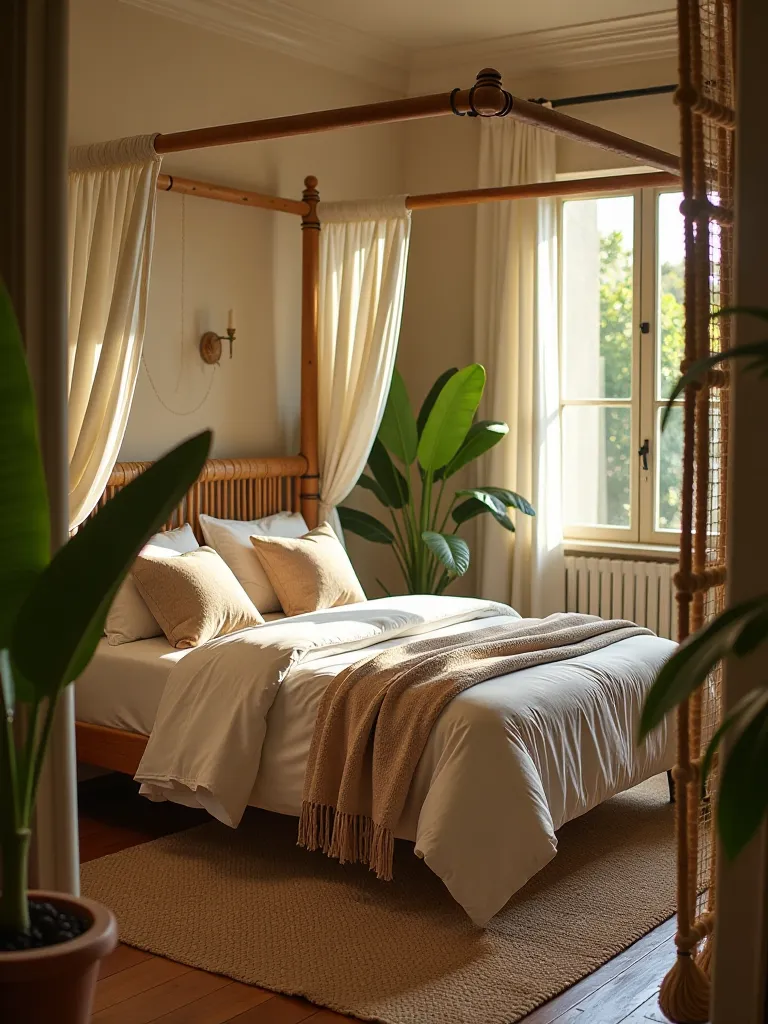Boho bedroom with bamboo bed and tropical plants