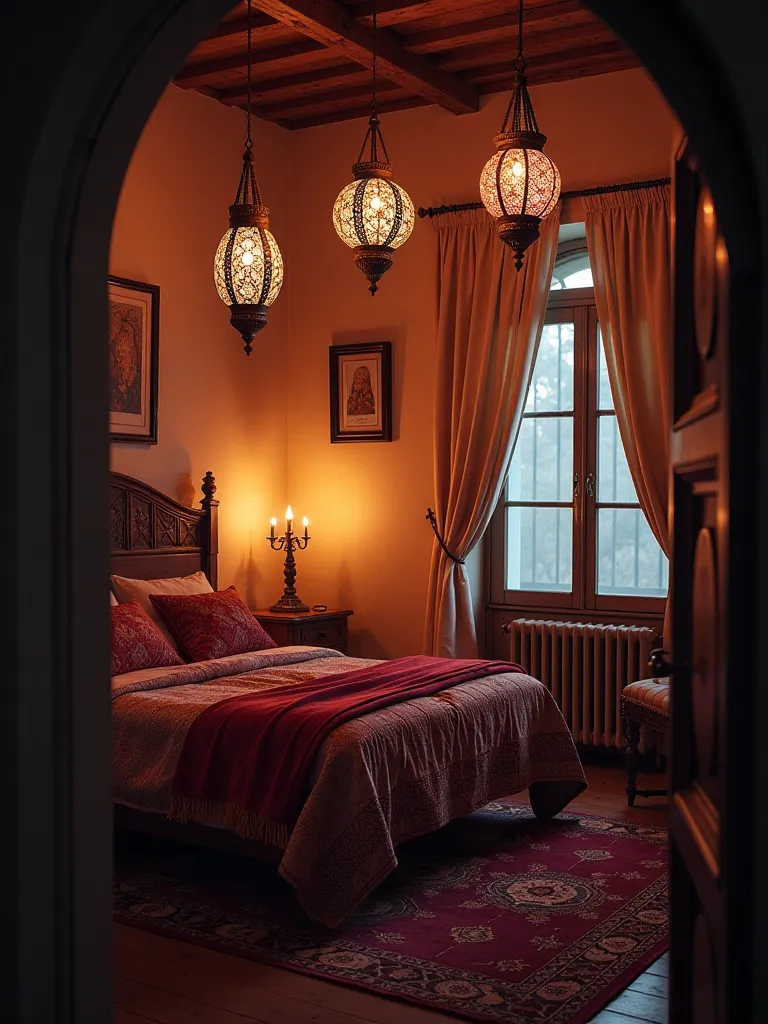 Boho bedroom with colorful Moroccan lanterns creating warm glow