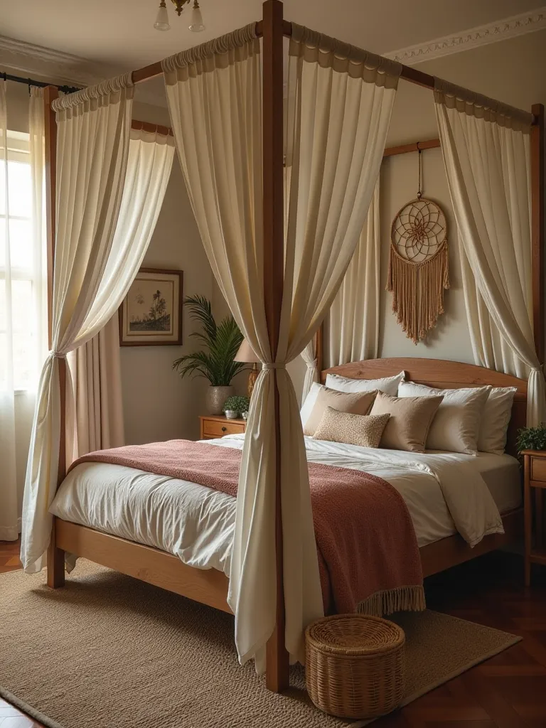 Boho bedroom with curtained four poster bed, woven baskets, and large dreamcatcher