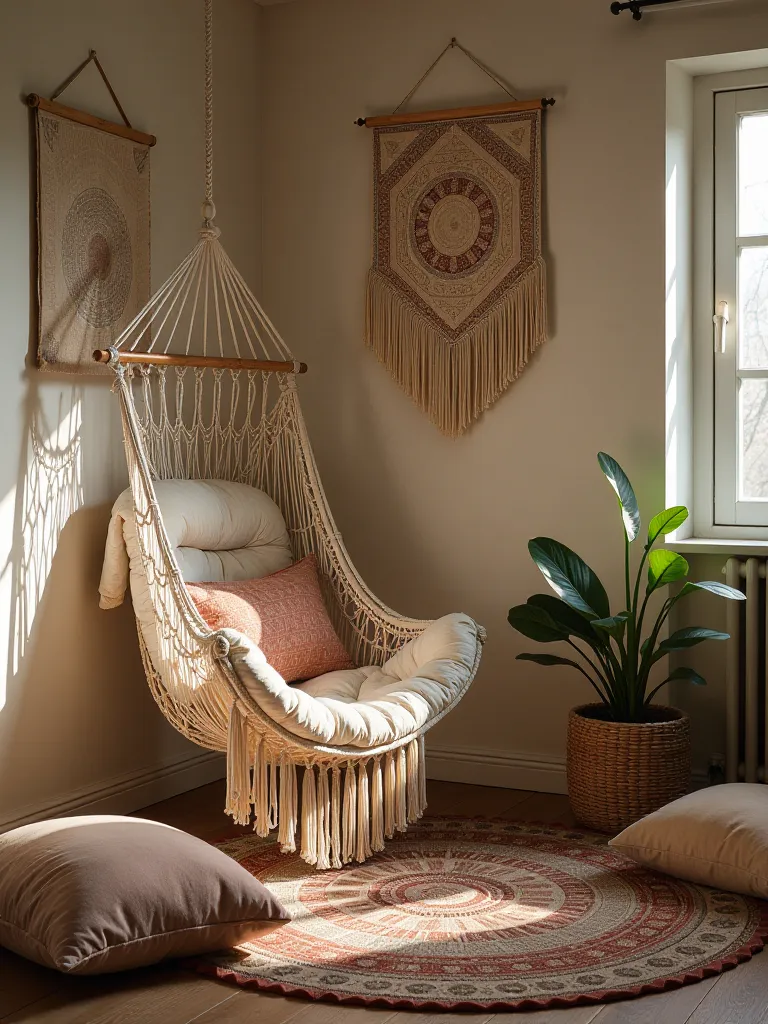 Boho bedroom with hammock chair, floor cushions, and textured wall hangings