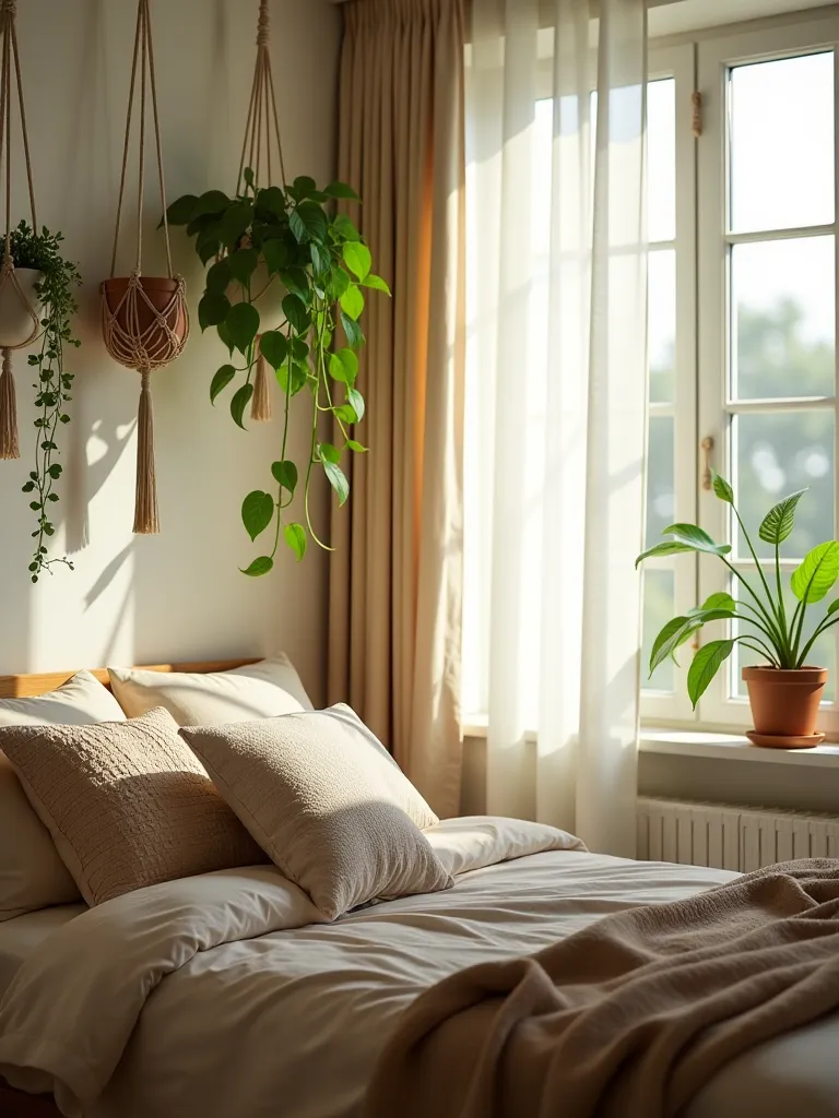 Boho bedroom with hanging plants and soft morning light