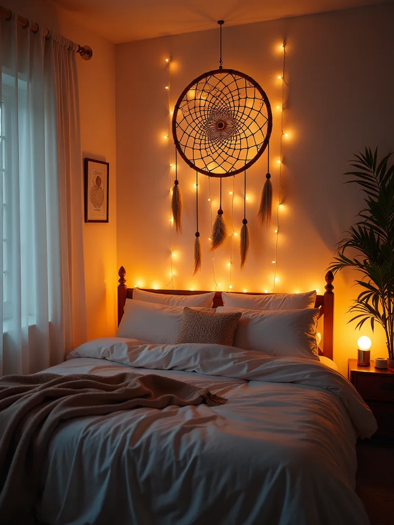 Boho bedroom with large illuminated dream catcher above bed