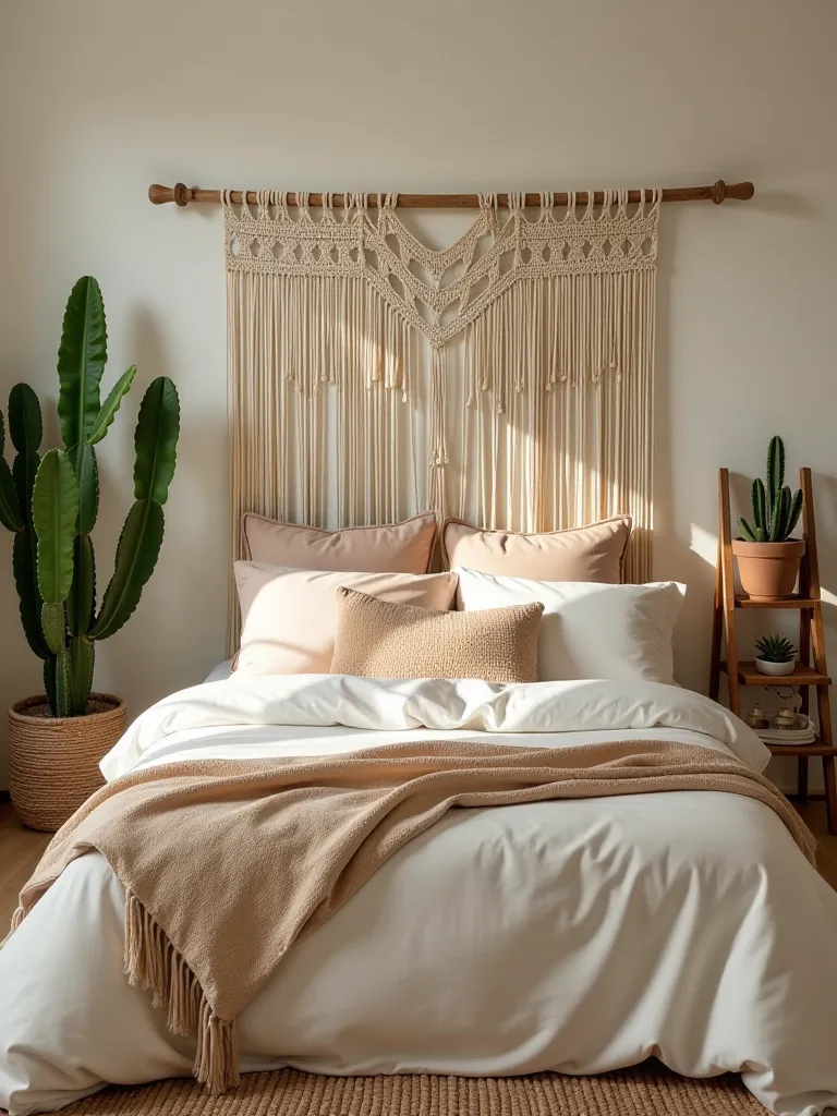Boho bedroom with macrame headboard and cactus arrangement