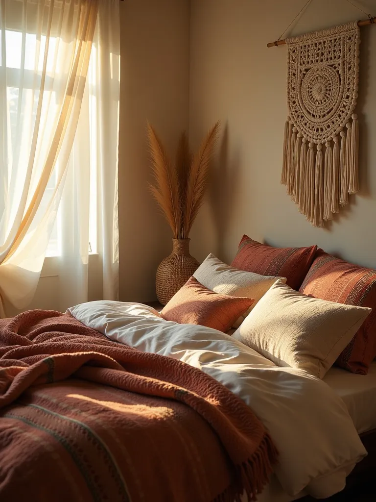 Boho bedroom with macramé, woven blankets, and patterned pillows in warm light