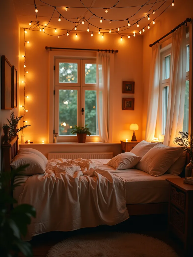 Boho bedroom with string lights creating starry night effect