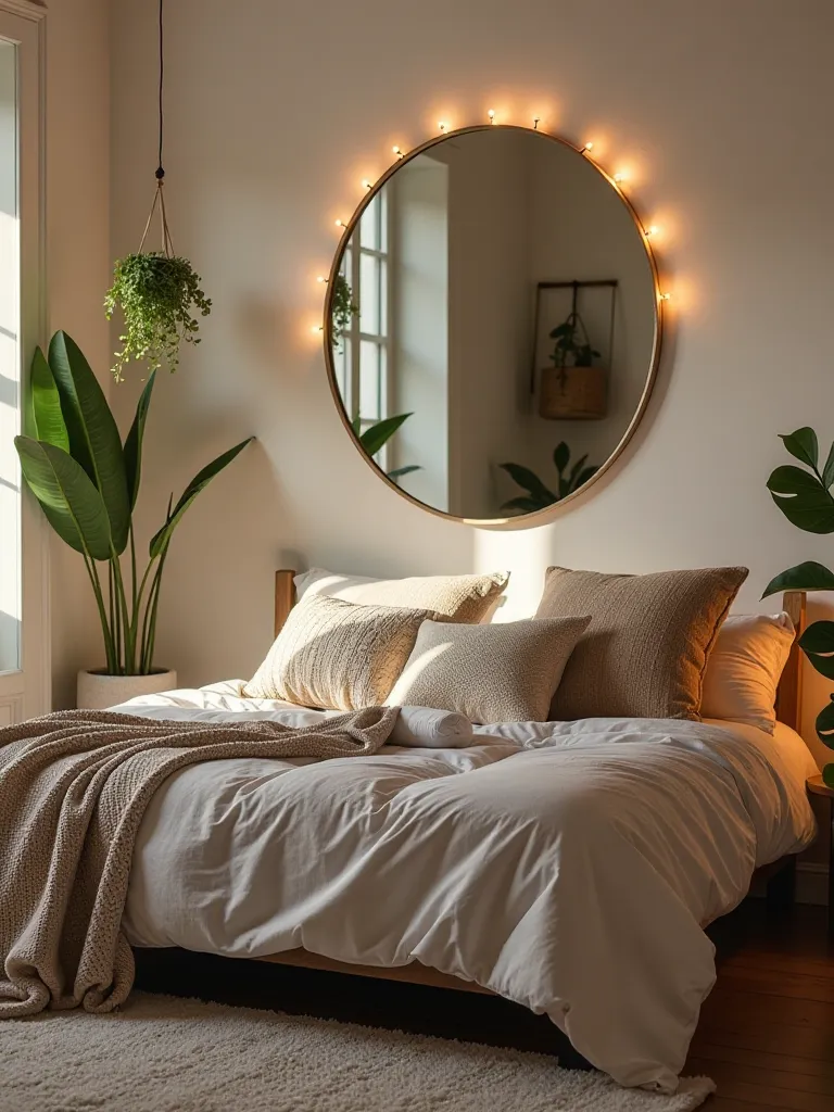 Boho chic bedroom with circular mirror, hanging plants, and textured pillows