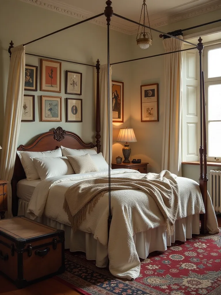 Boho chic bedroom with four poster bed and eclectic gallery wall