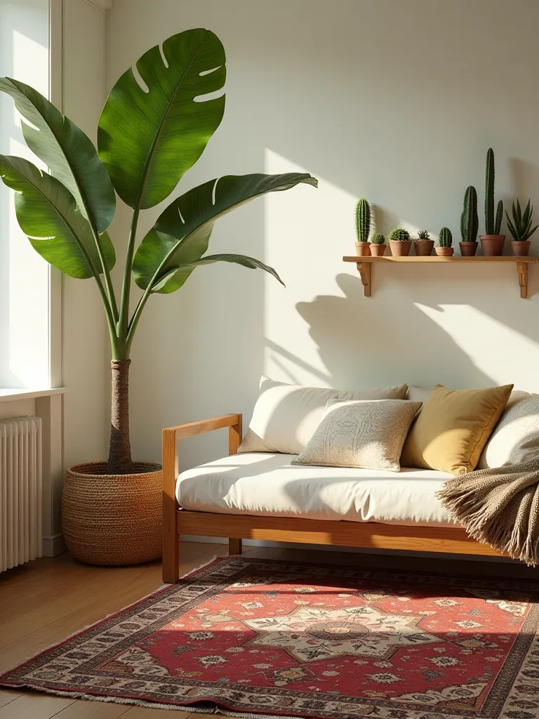 Boho room with large fig tree and small cacti on shelves