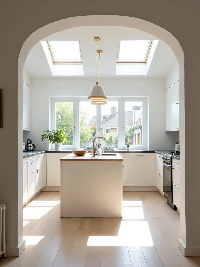 Bright Scandinavian kitchen with brass and white linear suspension light over central island