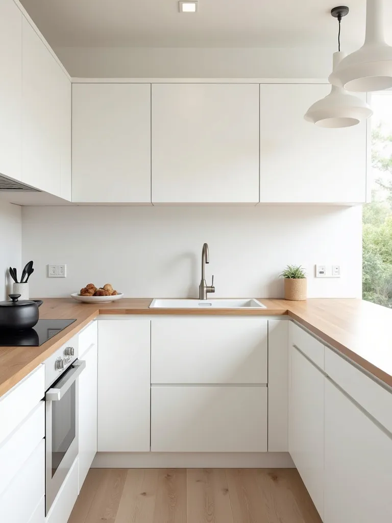Bright Scandinavian kitchen with white cabinets and light wood accents