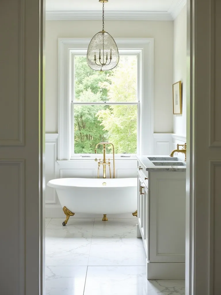 Bright bathroom with white marble vanity, brass fixtures, and large window