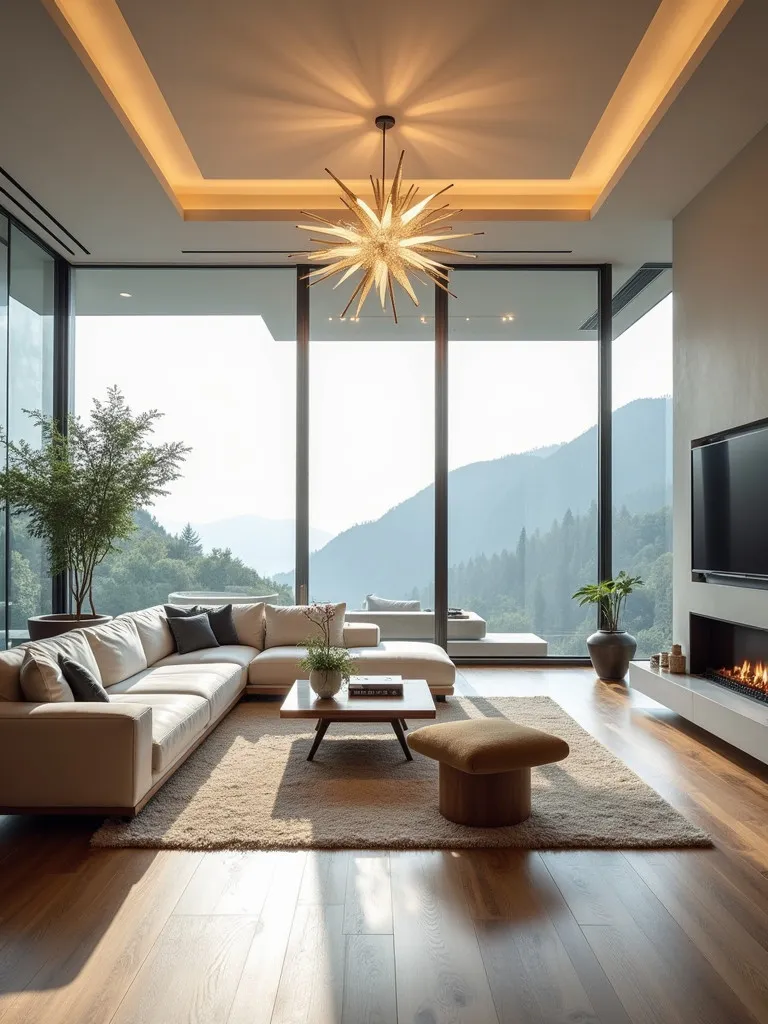Bright living room featuring artistic ceiling light and floor to ceiling windows