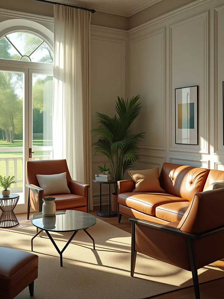 Bright living room with whitewashed paneling and leather chairs