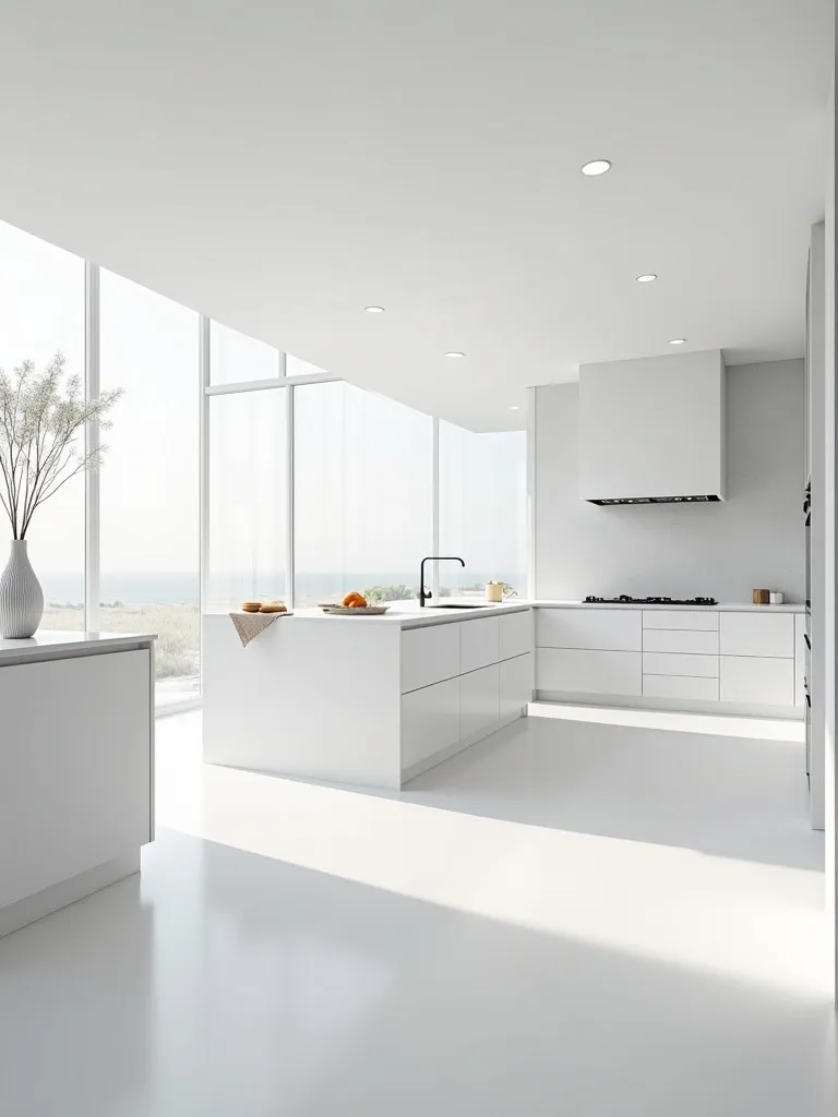 Bright, minimalist all white kitchen with large island and floor to ceiling windows