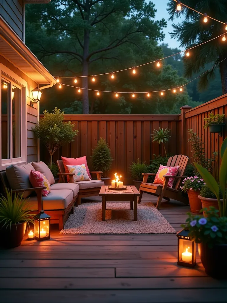 Budget friendly patio with string lights, wooden deck, and cozy seating at night
