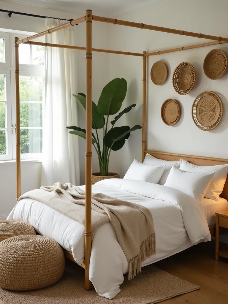 Calm bohemian bedroom with natural elements and fiddle leaf fig
