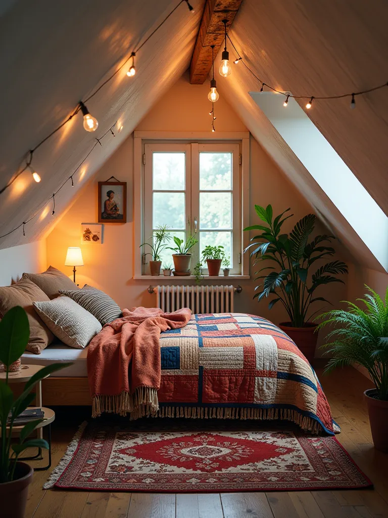 Charming attic bedroom with boho elements and slanted ceilings