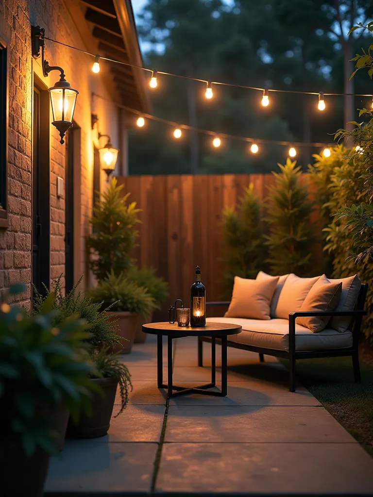 Charming cottage patio with DIY pergola, wicker furniture, and flower beds