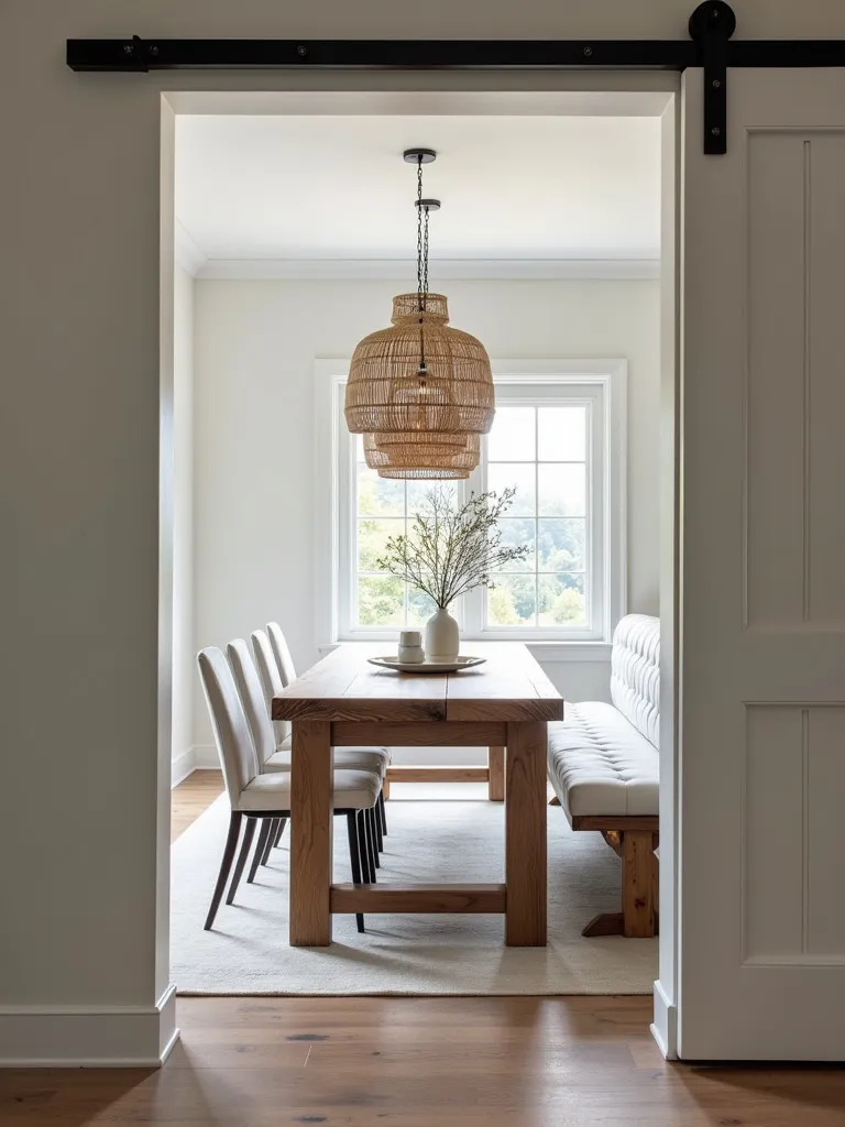 Chic dining area featuring rustic table with modern chairs and bench seating
